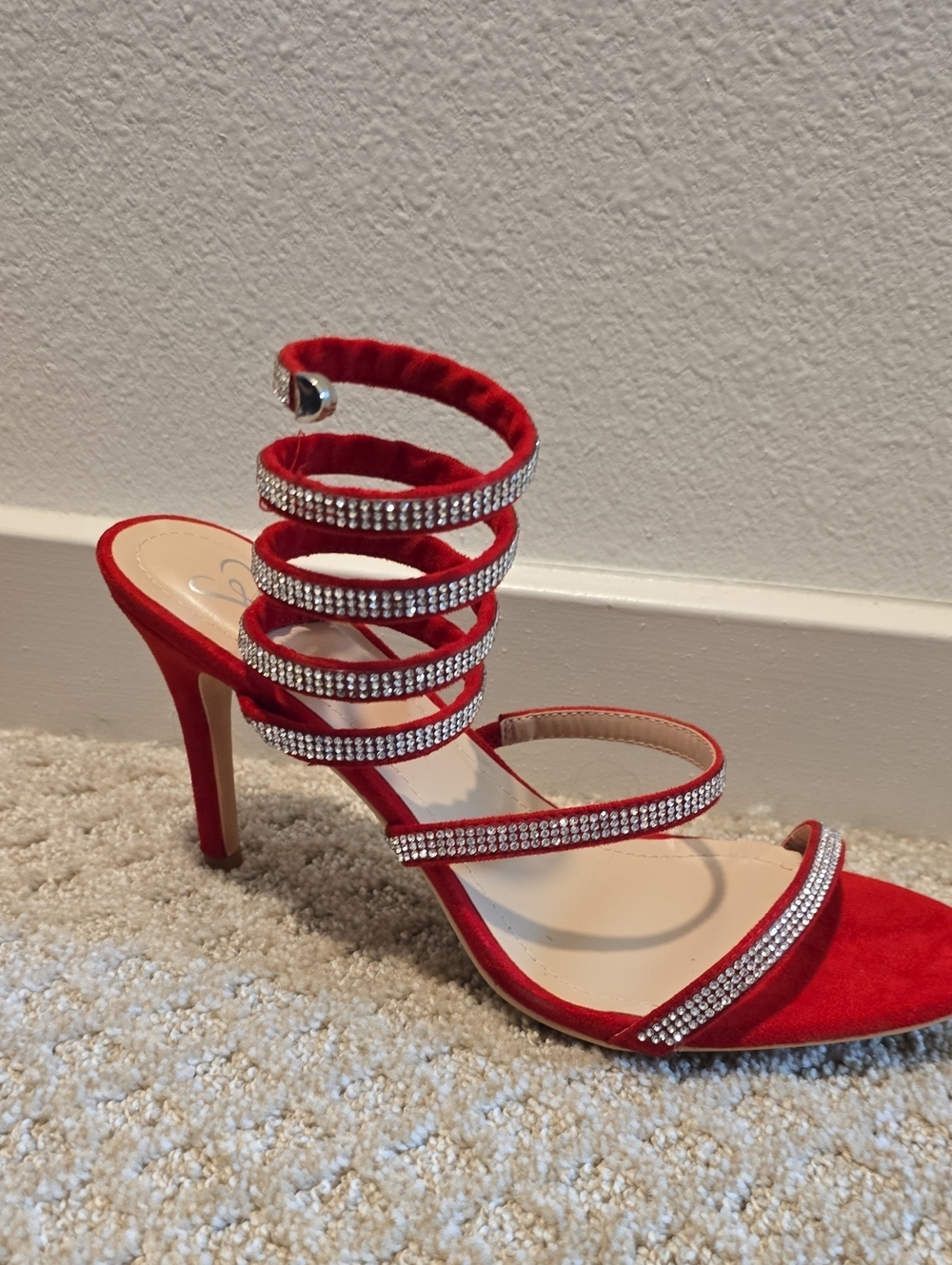 Red Rhinestone Strappy High Heel Sandals - NEVERWORN
